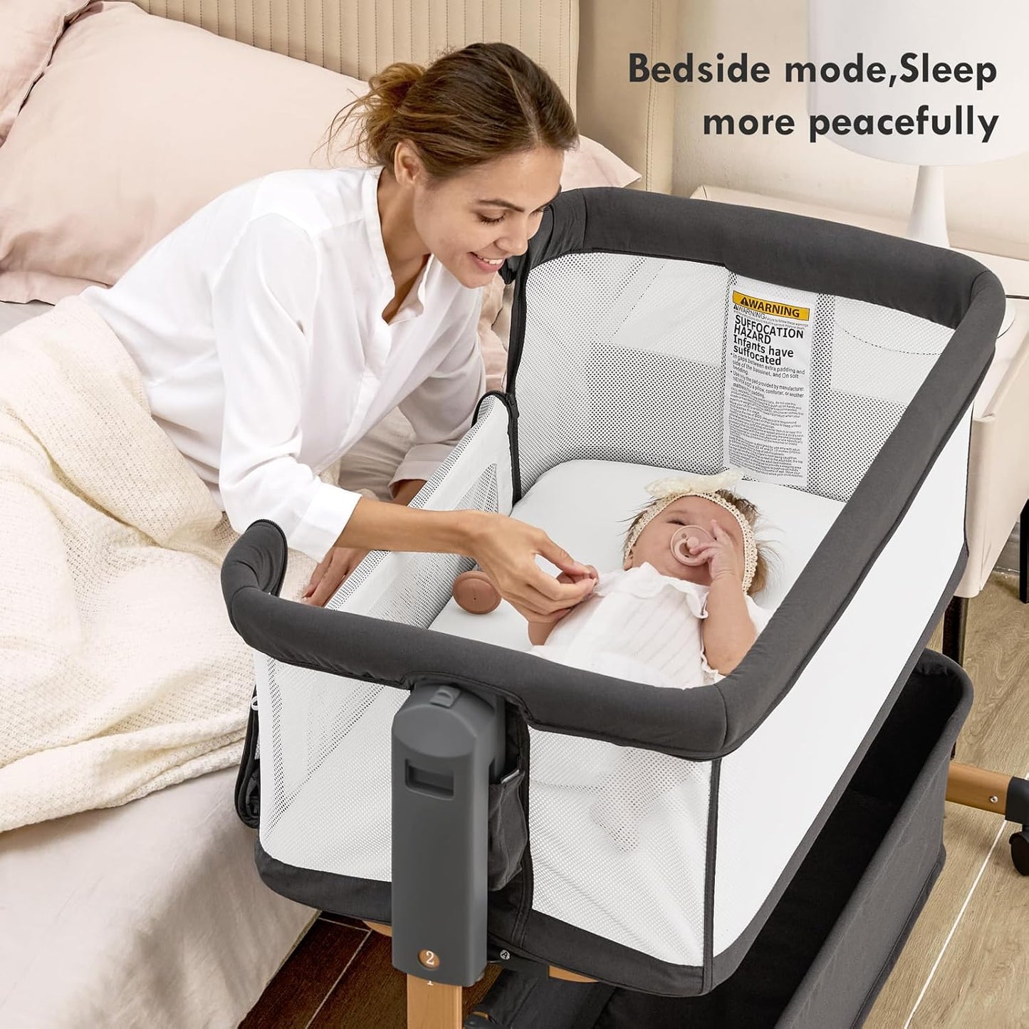 Baby Bassinet Bedside Sleeper,3-in-1 Rocking Bassinet for Baby with 6-Level Height Adjustable, 4 Wheels & Breathable Mesh Walls, Portable Bedside Crib with Mattress for Newborn