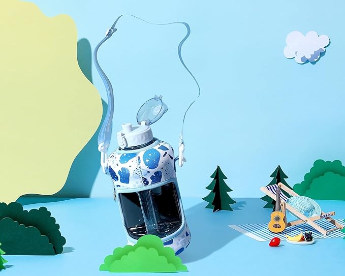 H2O Capsule 2.2L Half Gallon Water Bottle with Storage Sleeve and Removable Straw – BPA Free Large Reusable Drink Container with Handle - Big Sports Jug, 2.2 Liter (74 Ounce), Blue Collage