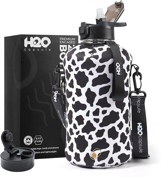 H2O Capsule 2.2L Half Gallon Water Bottle with Storage Sleeve and Covered Straw Lid – BPA Free Large Reusable Drink Container with Handle - Big Sports Jug, 2.2 Liter (74 Ounce)