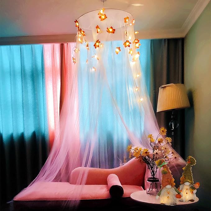 Eimilaly Maple Leaf Bed Canopy Mosquito Net for Room Decor - Halloween | Christmas | Thanksgiving | Fall Canopy for Adults, Babies, White/Single Door