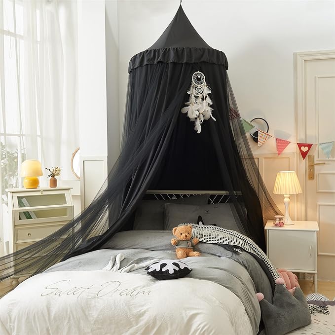 VETHIN Bed Canopy for Girls Kids,Princess Round Dome Children Dreamy Mosquito Net Bedding Girls Room Castle Play Tent Hanging House Decor Reading Nook Canopies (Black/Black)