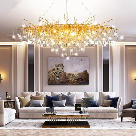70.87 Inch Modern Gold Crystal Chandeliers, Large Branch Raindrop Chandelier,Rectangle Chandelier Lighting Fixture 19-Light for Foyer Entryway High Ceiling Dining Room, Living Room