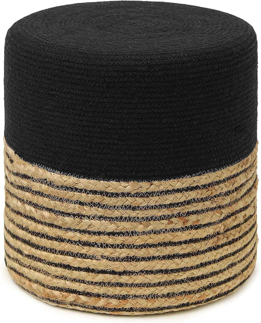 REDEARTH · Cylindrical Pouf Ottoman - Braided Pouffe Accent Sitting Round Footrest for Living Room, Bedroom, Nursery, kidsroom, Patio, Gym; 70% Cotton 30% Jute, (14.5x14.5x16; Black Natural)