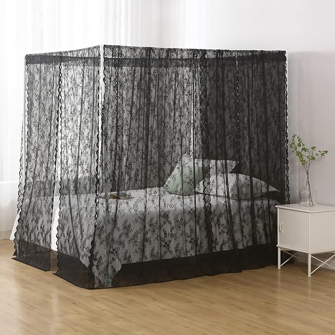 Black French Lace Canopy Bed Curtain Queen, Gothic Style Bed Canopy for Girls Bed Scarf Room Decor