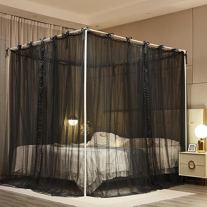 4 Corners Post Princess Curtain Bed Canopy Lace Up Double Layer 4 Opening Mosquito Net Mesh for Girls Bedroom Decoration(Black, 59" W*82" L*82" H/Queen)