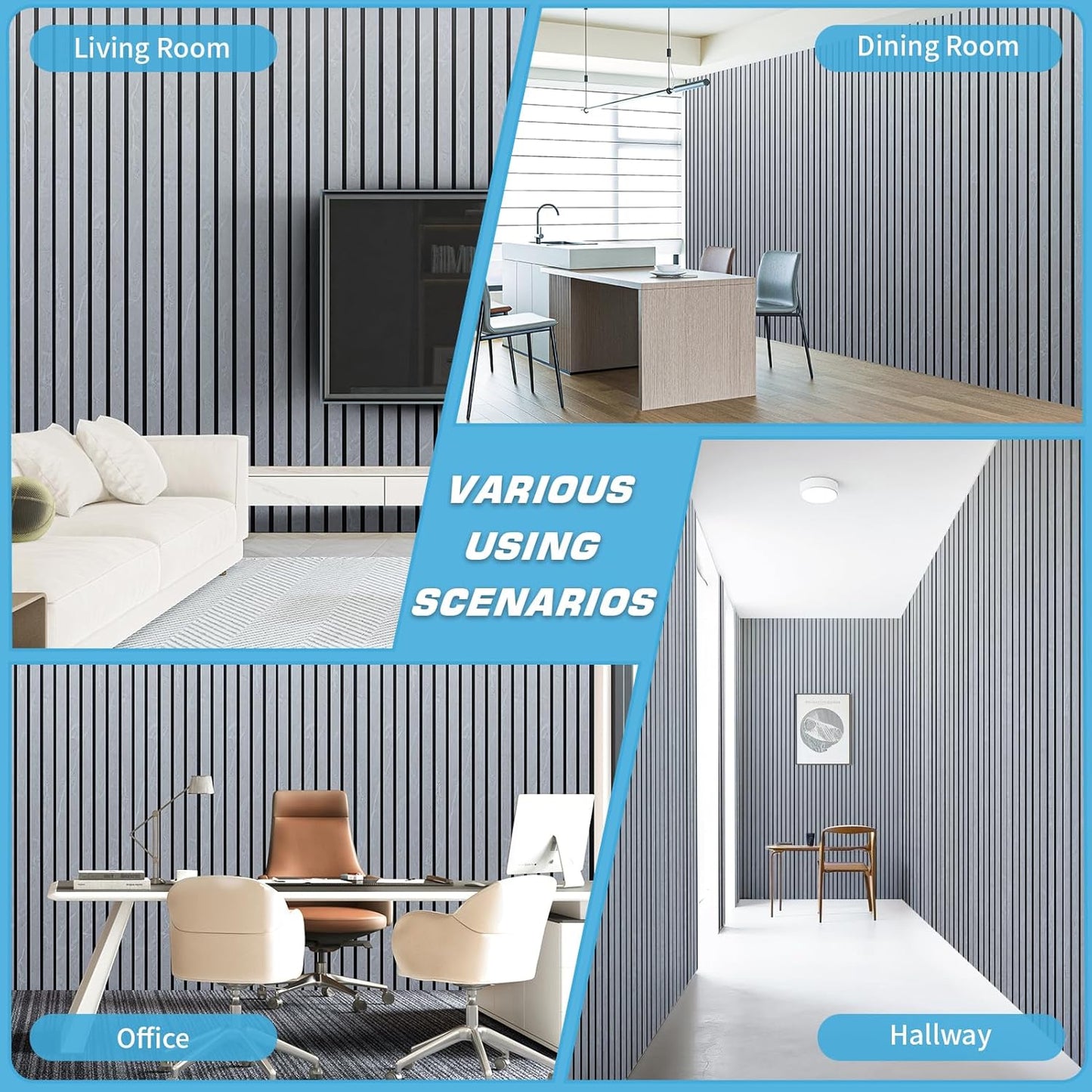 Art3d 4-Pack Glue-On Six-Grid Wainscoting Panel for Interior Wall Decor - 104 x 12 Inch Polystyrene Ultralight Slim Slat Wall Panels for Living Room Bedroom, Slate