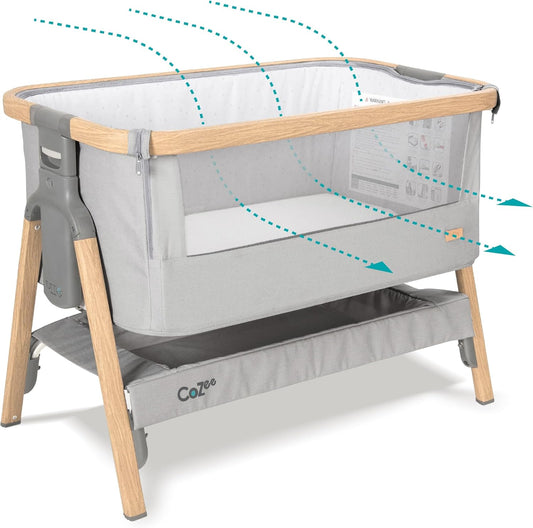 CoZee® 2-in-1 Baby Bassinet & Bedside Sleeper - Fast-Folding Bedside Bassinet, Baby Crib with 6 Mattress Heights & Breathable Mesh Window, Mattress Included, 0-6 Months (Silver & Oak)