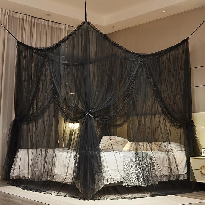 4 Corners Post Princess Curtain Bed Canopy Lace Up Double Layer 4 Opening Mosquito Net Mesh for Girls Bedroom Decoration(Black, 53" W*78" L*82" H/Full)