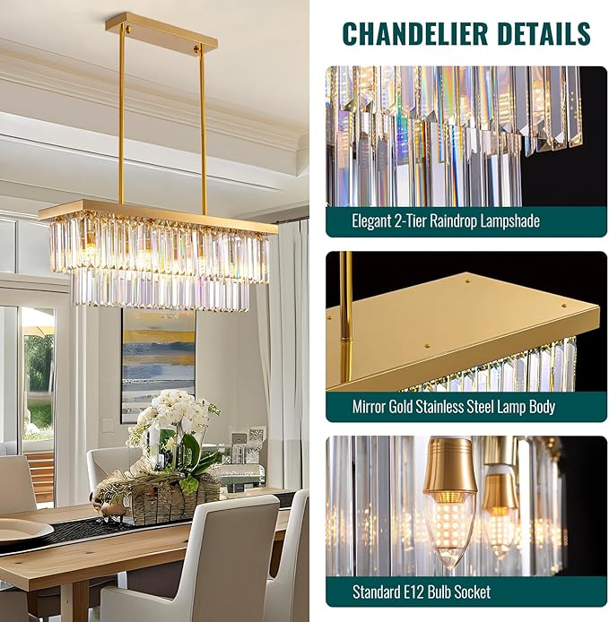 Siljoy 8-Light Modern Crystal Chandelier for Dining Room, Rectangular Gold 2-Tiers Crystal Raindrop Chandelier, Luxury Pendant Ceiling Light for Living Room Kitchen Island L31.5'' x W10'' x H10''