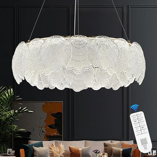 LED Crystal Glass Chandelier Dimmable Round Dining Room Chandelier Over Table Modern Gold Chandelier Lighting Fixture for Home Office Bedroom Living Room Kitchen 24in, 55W with Remote Control