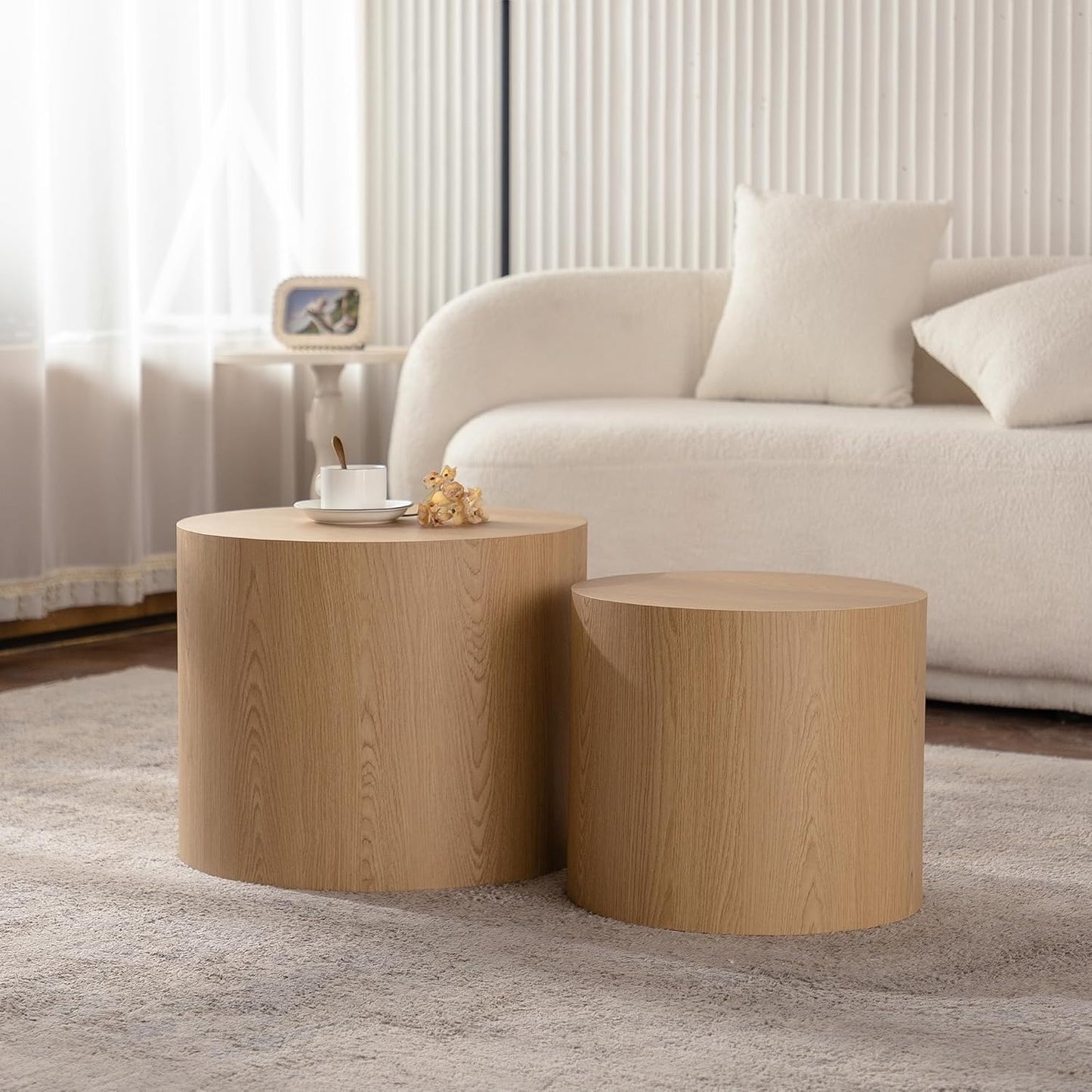 Nesting Round Coffee Table Set of 2, Small Circle Accent End Table for Small Spaces, Morden Drum Side Table, Wooden Center Table for Living Room, Fully Assembled - Natural