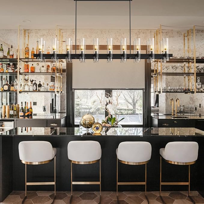 Black Kitchen Island Lighting-20-Light Linear Chandelier, Adjustable 67.7'' Modern Farmhouse Rectangle Pendant Light Fixtures, Dining Room, Bedroom