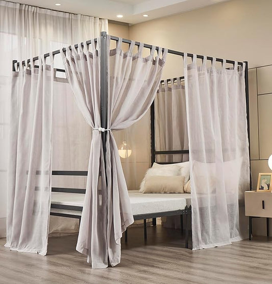 Mengersi Linen Canopy Bed Curtains for Twin,Full,Queen and King Size Bed,Bed Canopy Natural Blended Curtain Panels, 8 Panels Set (All Bed Sizes, Gray)