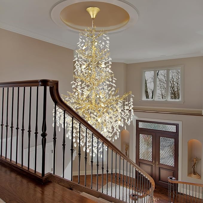 H61'' Gold Crystal High Ceilings Chandeliers Staircase Chandeliers Modern Crystal Tree Branch Chandelier, D40'' Foyer Chandelier for High Ceiling Luxury Large Living Room Chandelier, 23-Lights