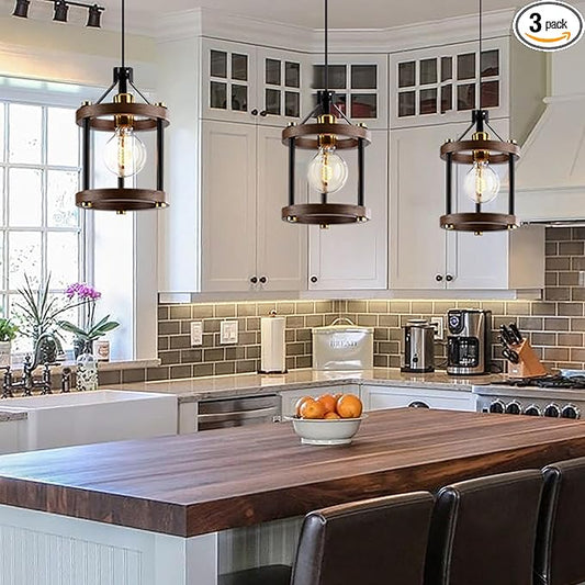 MO&OK Set of 3 Chandelier Vintage Pendant Light Fixture, Wood Color Farmhouse Wooden Metal Chandeliers, Open Frame Hanging Lighting for Diningroom,Bar,Entrance Hall,Kitchen Island H10.6 xD6.7