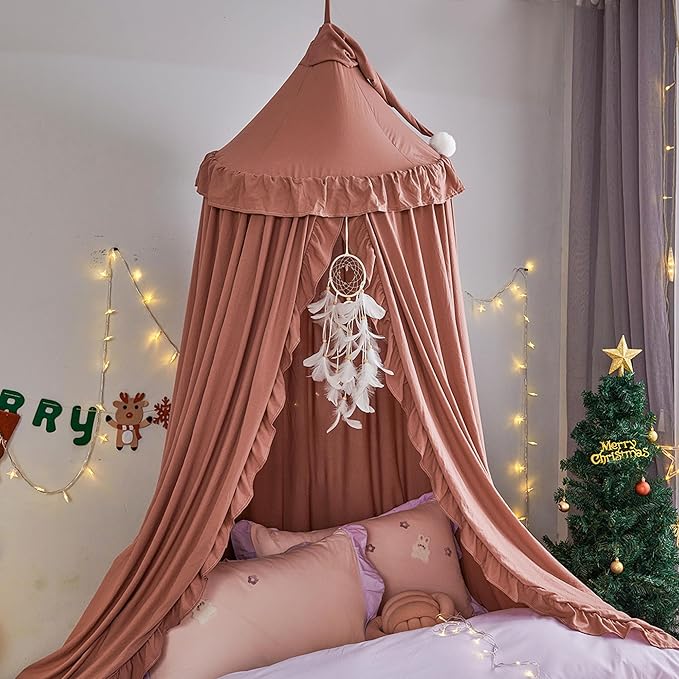 VETHIN Bed Canopy for Girls Kids,Princess Round Dome Children Dreamy Mosquito Net Bedding Girls Room Castle Play Tent Hanging House Decor Reading Nook Canopies (JujubeRed)