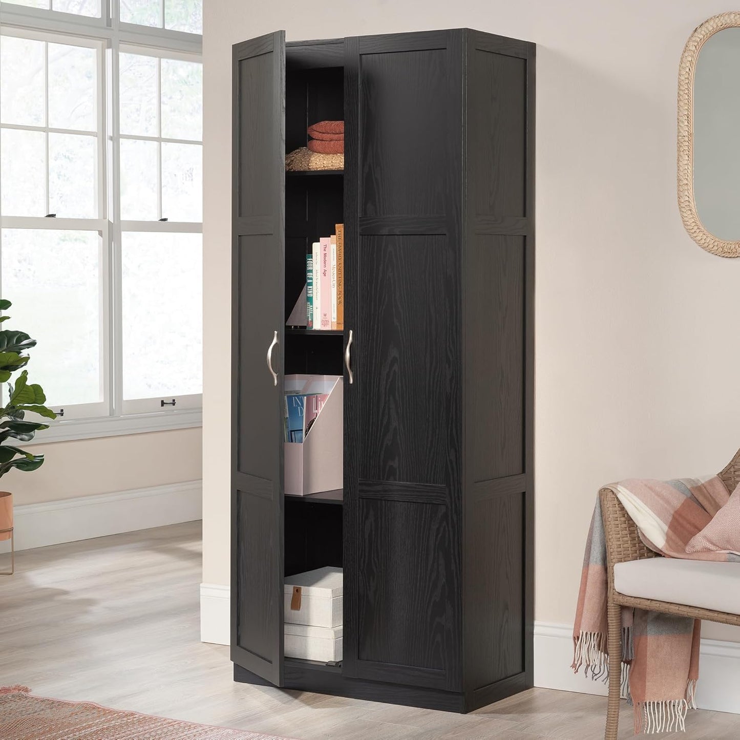 Sauder Tall Storage Cabinet, Black, 4 Adjustable Shelves, Multi-Room Use