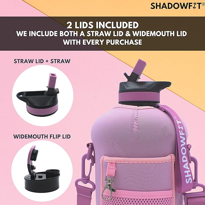 Half Gallon Water Bottles (74 ounce, 2.2 Liter) with Straw Lid Handle and Storage Sleeve - Large Jug Holder with Strap for Drinking during Workout and Exercise