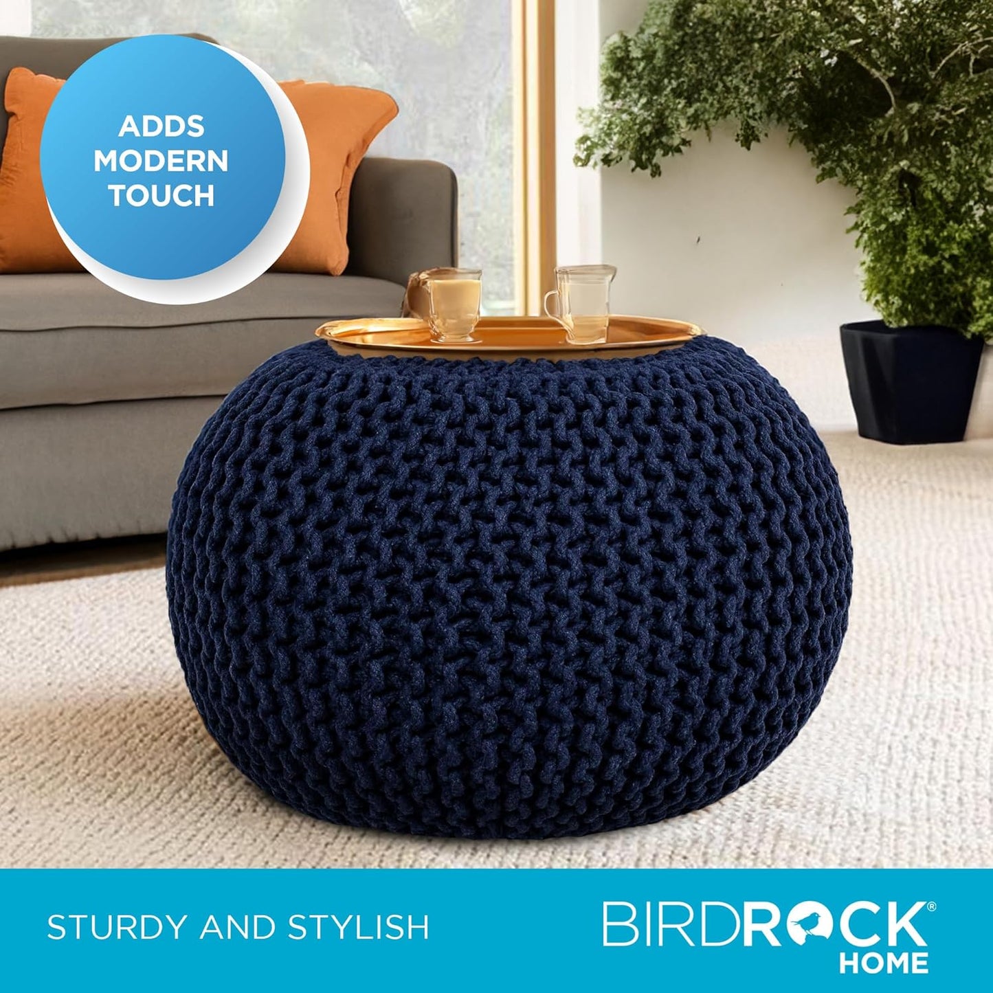 BIRDROCK HOME Round Pouf Ottoman | Cotton Braided Foot Stool with Bean Bag Filling | Boho Foot Rest for Living Room & Bedroom | Compact & Comfortable Seating, Lightweight & Soft | Navy