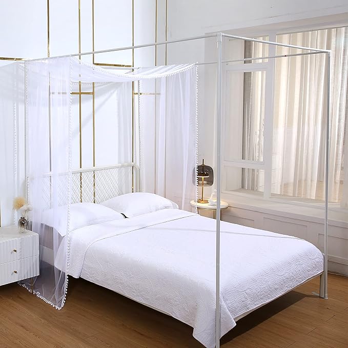 Akiky Pom Pom Canopy Bed Curtains Princess Bed Canopy Scarf for Full/Queen Metal Bed Frame,Wood Frame Bed-2 Panel Sheer Canopy Curtain(White)