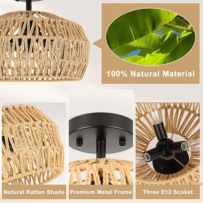 Rattan Light Fixtures Ceiling Mount, 3-Lights Boho Semi Flush Mount Ceiling Light, Farmhouse Woven Ceiling Lighting, Rustic Wicker Chandelier for Hallway Bedroom Kitchen Entryway