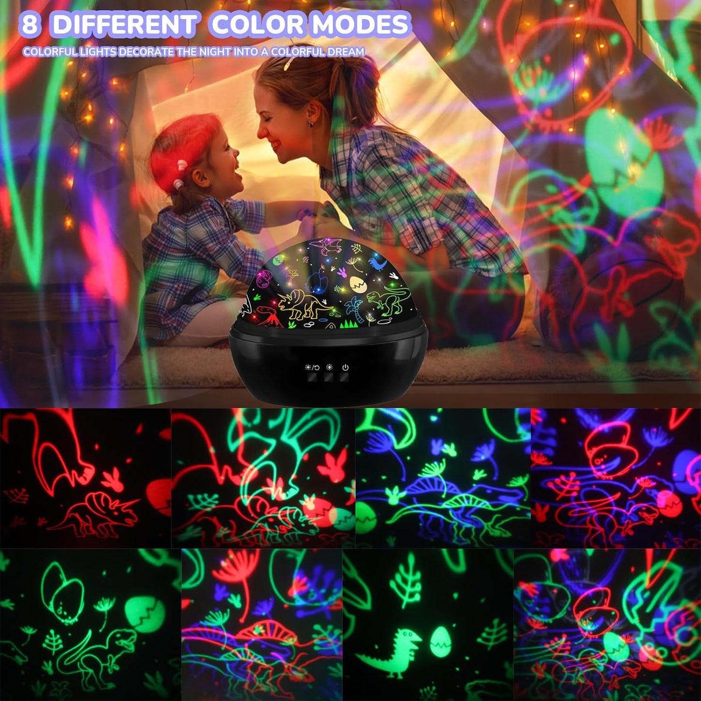 MINGKIDS Night Light for Kids,2 in 1 Rotating Projector Lamp with Dino&Vehicles Theme,2 Ways to Charge,Baby Night Light Ceiling Projector for Bedroom Kids Room Decor