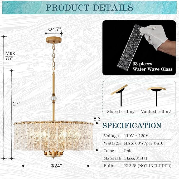 Modern Glass Chandelier Gold Drum Chandelier Light Fixture Round 24in Dining Room Chandelier Lighting 8 Light Ripple Glass Chandelier for Living Room Bedroom Entry Foyer