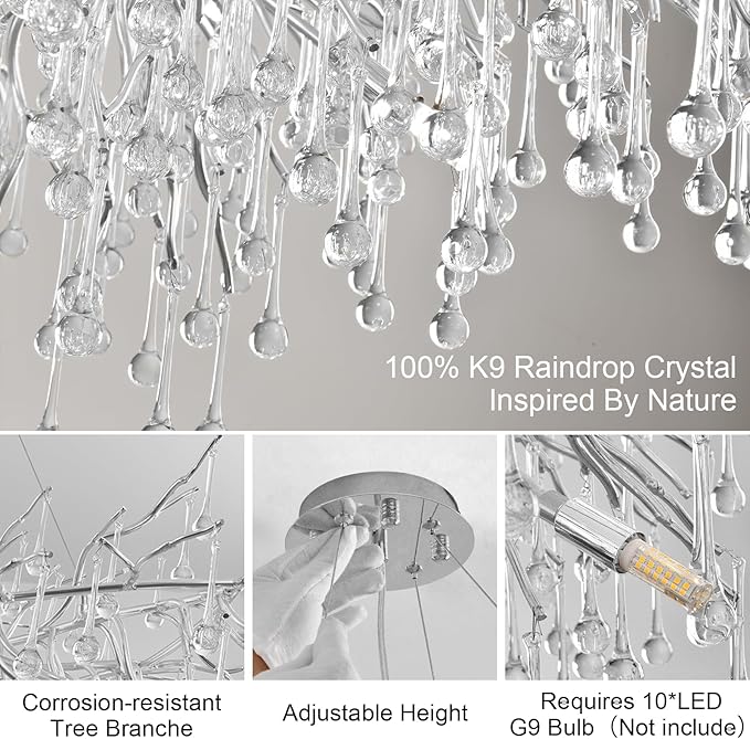 Crystal Chandeliers,Round Modern Tree Branch Chandelier,10-Light Farmhouse Raindrop Chandelier Light Fixture for Dining Room, Kitchen Island D31.5