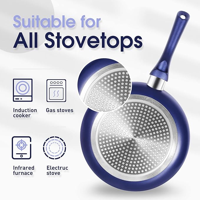 Clockitchen Non Stick Pots and Pan Set, Ceramic Cookware Set with Stay-Cool Handles, 10pcs Blue Induction Cooking Set Suitable for Gas, PFOA Free