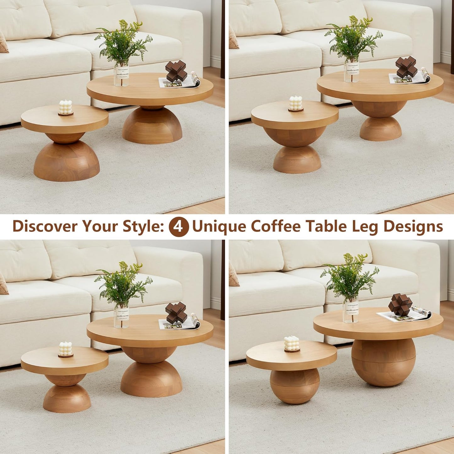 Solid Wood Round Nesting Coffee Table Set of 2, Circle Accent Tables with Unique Semi-Circular Legs, Mid Century Modern Side End Table Set for Small Space Living Room Office (Natural Oak)