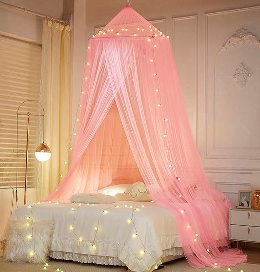 Mengersi Bed Canopy with Lights,Princess Bed Canopy Canopy Bed Curtains for Girls Room,Mosquito Netting Canopy Reading Corners Room Decor for Girls (Pink)