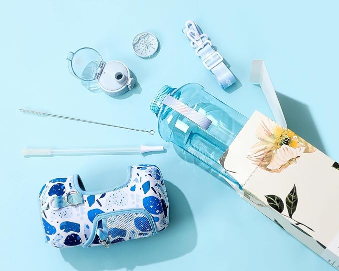 H2O Capsule 2.2L Half Gallon Water Bottle with Storage Sleeve and Removable Straw – BPA Free Large Reusable Drink Container with Handle - Big Sports Jug, 2.2 Liter (74 Ounce), Blue Collage