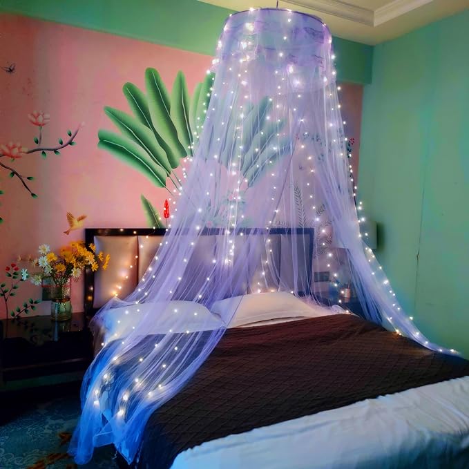 Eimilaly Lace Bed Canopy Mosquito Netting with Warm Lights, Princess Bed Canopy for Girls Room Decor, Blue/Single Door