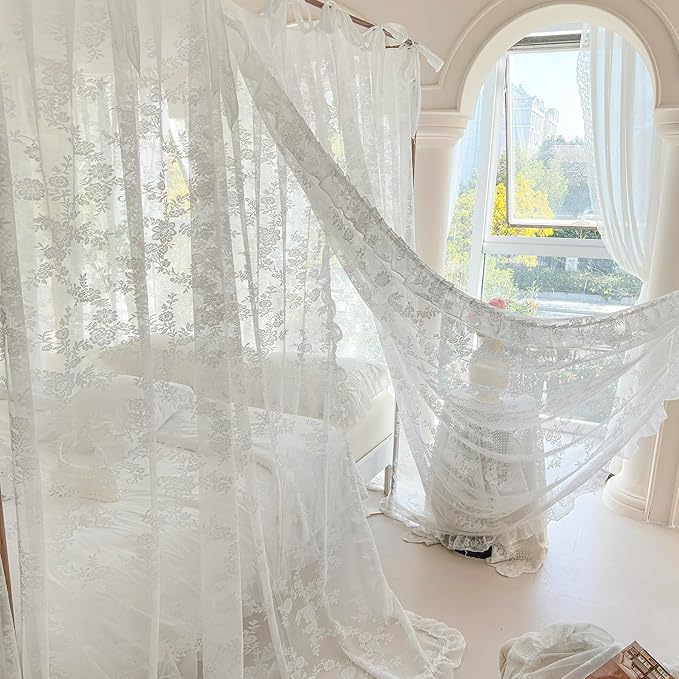 Mengersi Canopy Bed Curtains with Tie Backs,Bed Canopy Curtains Bed Drapes Sheer Curtains for Bedroom Decor（Twin,White