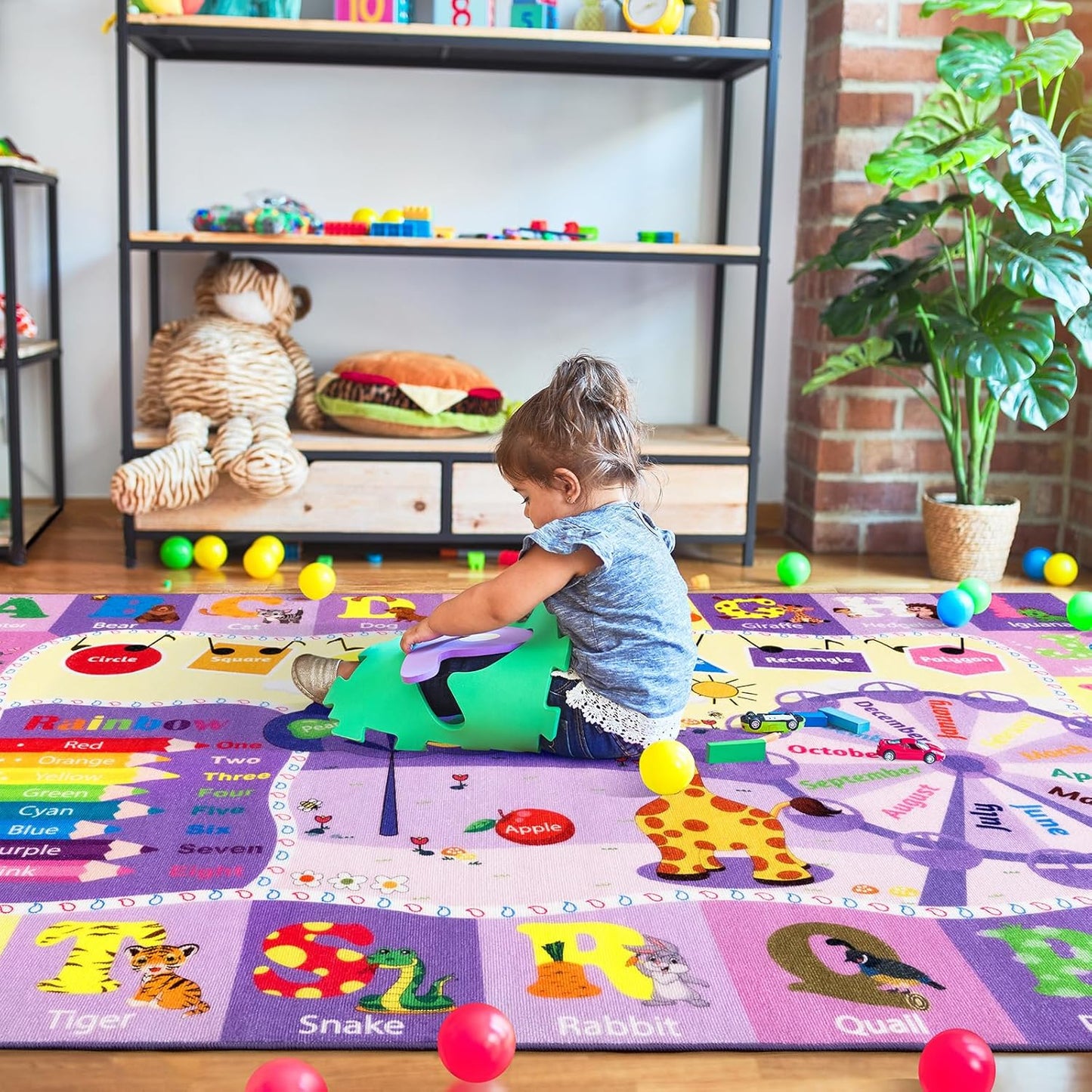 Kids Rugs for Playroom Bedroom Classroom Nursery, Non-Slip and Washable Rugs for Children Toddlers Girls, Educational and Fun Rug Carpets with ABC Alphabet Animals Shapes, 7x10, Purple