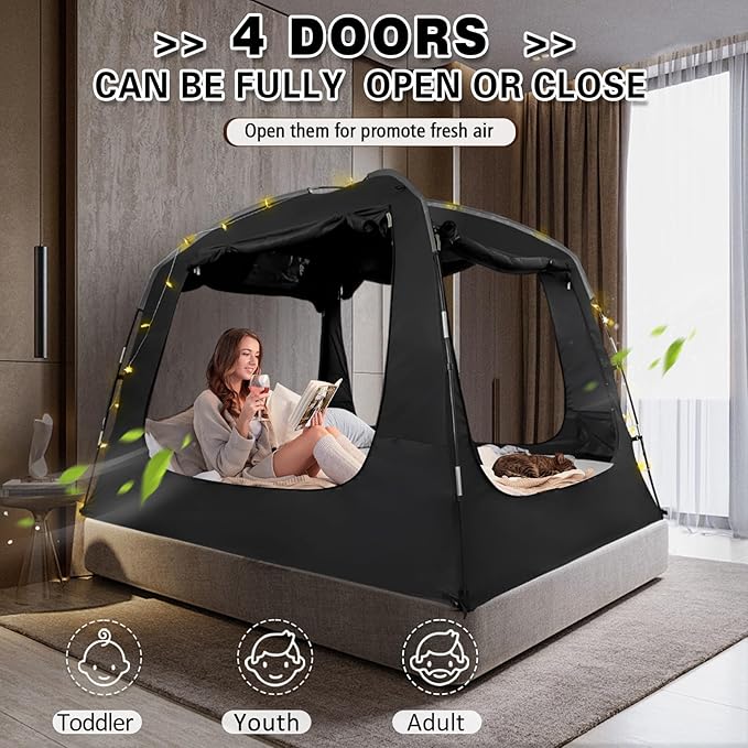 Bed Tent Bed Canopy Portable Twin Size Dream Tents 4 Doors 4 Mesh 80% Blackout - Indoor Breathable Sleeping Tents Privacy Space Tents for Adult with String Light