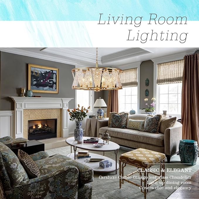 Modern Glass Chandelier 24in Gold Drum Chandelier Light Fixture 8-Light Hammered Crystal Glass Ceiling Chandelier Lighting for Living Room Dining Room Bedroom High Ceiling Entry Foyer