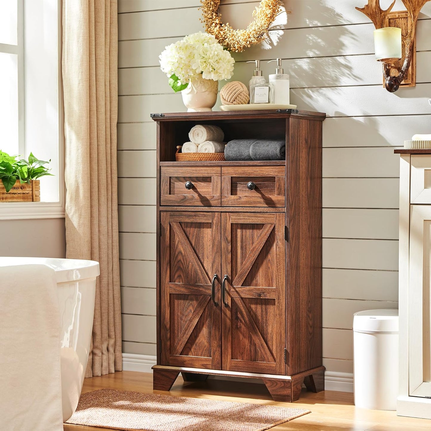 Farmhouse Bathroom Storage Cabinet, 24" Wide Floor Cabinet w/Barn Doors, Adjustable Shelf & Drawer, Cabinets for Bathroom, Kitchen, or Living Room, Brown