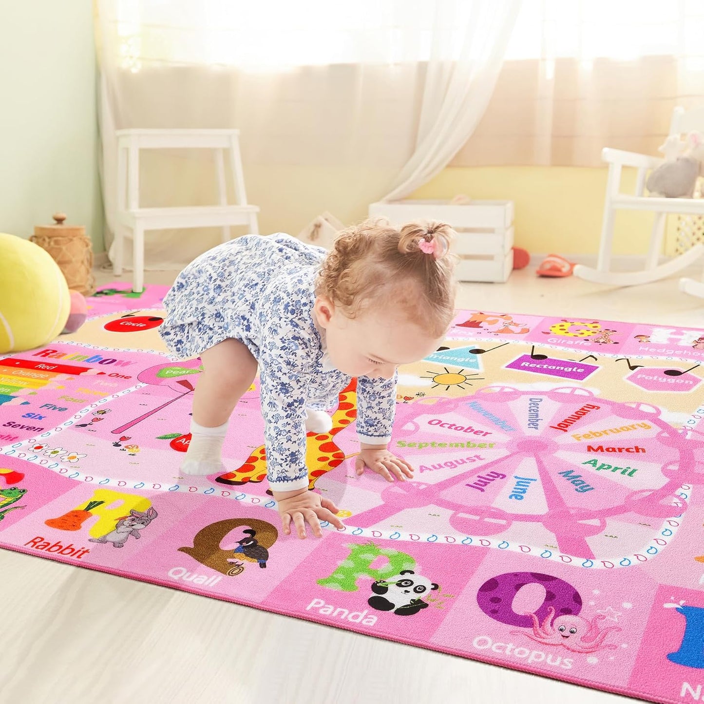 Kids Rugs for Playroom Bedroom Classroom Nursery, Non-Slip and Washable Rugs for Children Toddlers Girls, Educational and Fun Rug Carpets with ABC Alphabet Animals Shapes, 3x5, Pink