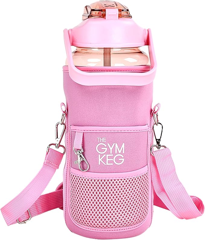 Gym Keg Water Bottle with Carrier - 74 oz Bottle Jug with Neoprene Sleeve - BPA-free & Food-Grade - Leak Proof, Durable Material - Reusable Water Jug for Workouts, Jogging, Travel, Gym - Cherry