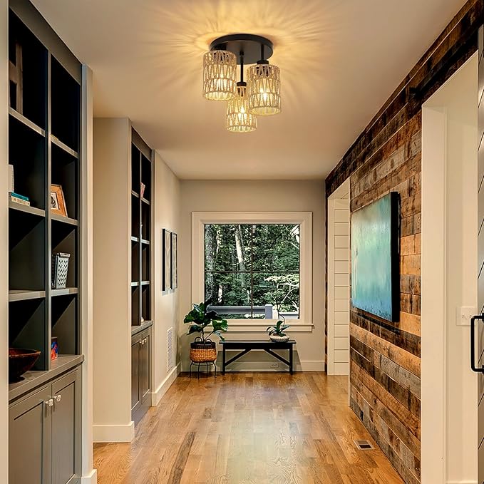 Boho Light Fixtures Ceiling Mount, 3-Light Boho Flush Mount Ceiling Light, Rattan Woven Chandelier Lighting for Farmhouse Bedroom Hallway Entryway Kitchen Nursery