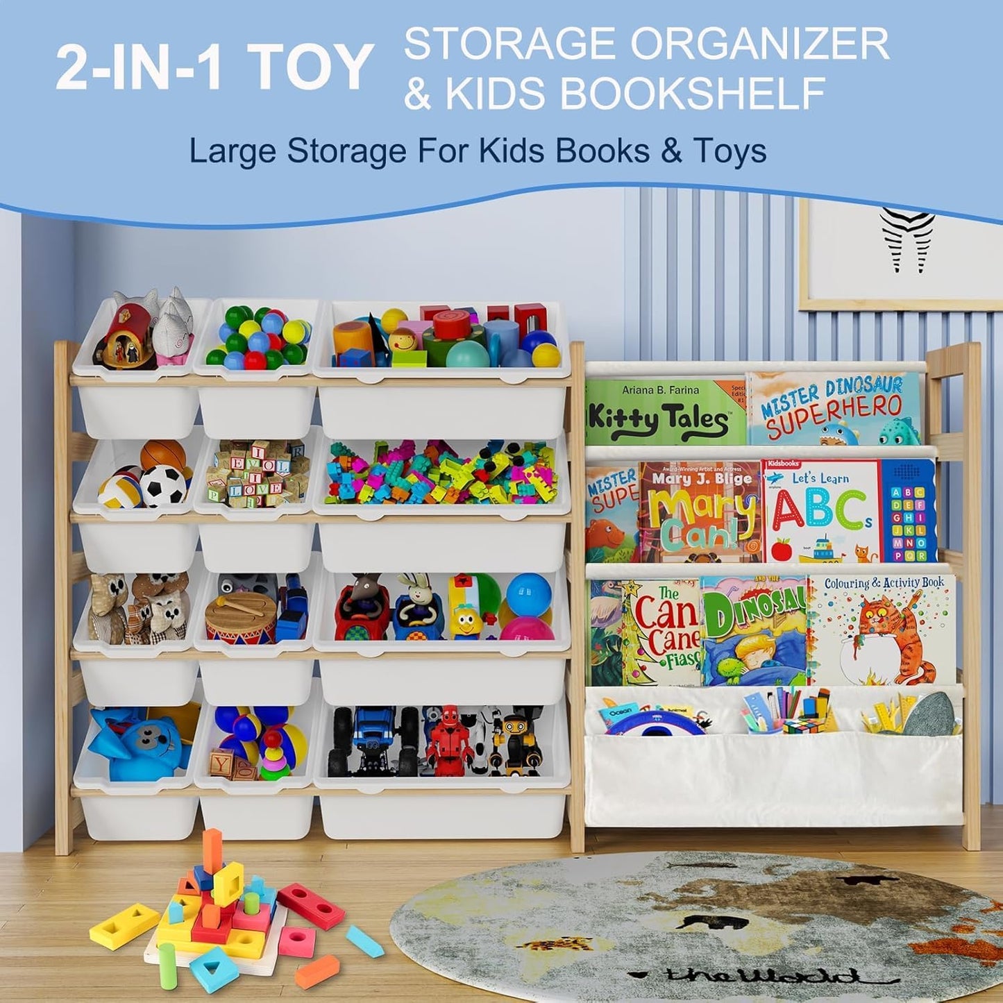 Large Toy Storage Organizer with Bookshelf, Toy Organizers and Storage with 12 Storage Bins, 4 Tier Multipurpose Toys Organizer Storage for Kids Room, Playroom, Nursery Room, White