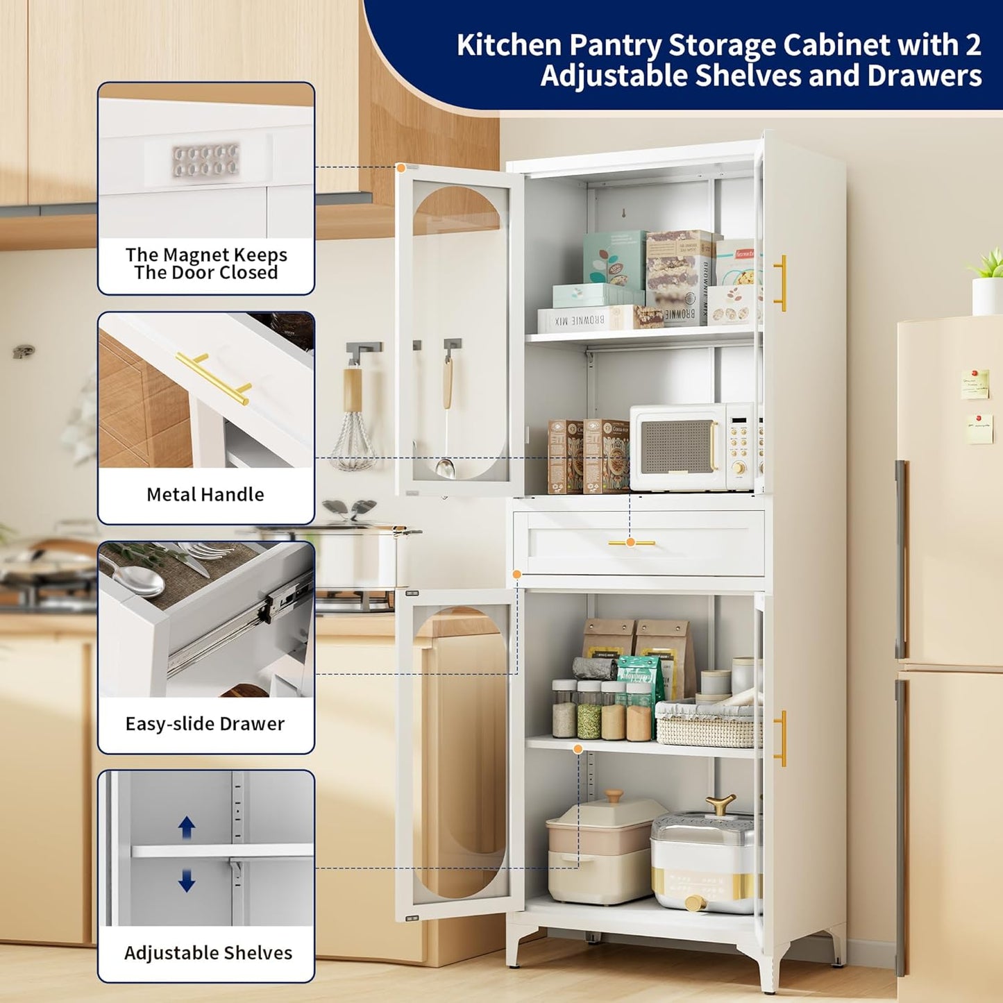 75” Tall Kitchen Pantry Storage Cabinet, Metal Storage Cabinet with 1 Drawer and Adjustable Shelves, Kitchen Pantry Cupboard, Freestanding Cupboard for Bathroom (White-4 Doors and 1 Drawer)
