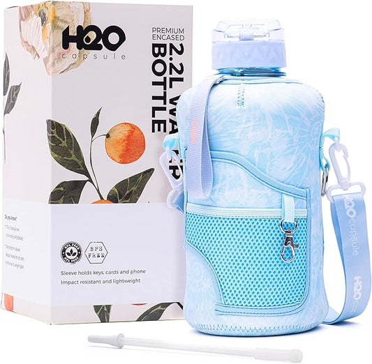 H2O Capsule 2.2L Half Gallon Water Bottle with Storage Sleeve and Removable Straw – BPA Free Large Reusable Drink Container with Handle - Big Sports Jug, 2.2 Liter (74 Ounce), Chill TieDye