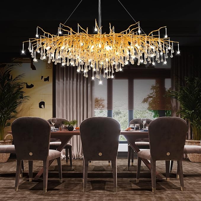 Crystal Branch Chandelier,47.24 Inch Modern Raindrop Chandeliers for Dining Room,Luxury Large Gold Ceiling Chandelier Pendant Hanging Lighting Fixture for Living Room,Entryway