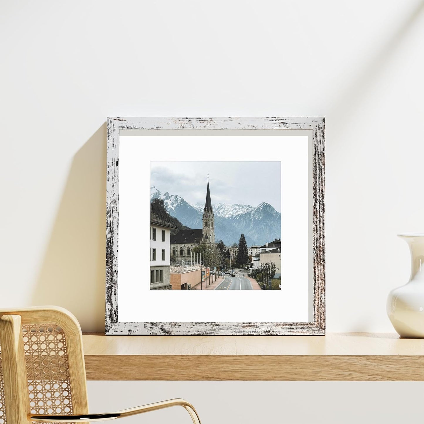 Vittanly 12x12 Picture Frames Set of 9, Shatter Resistant Plexiglass, Display 8x8 Pictures with Mat or 12x12 without Mat, Photo Frames for Wall Mount, Engineered Wood, Distressed White