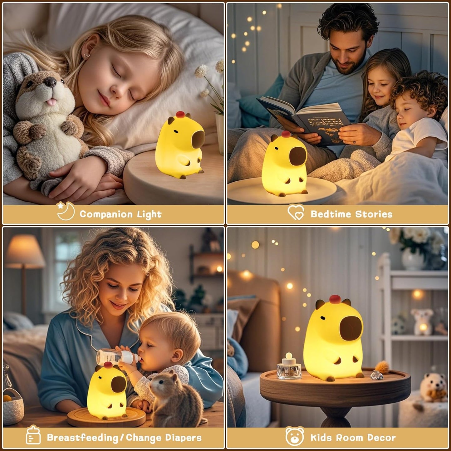 Capybara Night Light,Cute Tangerine LED Squishy Novelty Animal Night Lamp,Dimmable Soft Silicone Nursery Nightlight for Kids, Rechargeable Bedroom Touch Lamp, Dorm Decor, Baby Boys Girls Gift