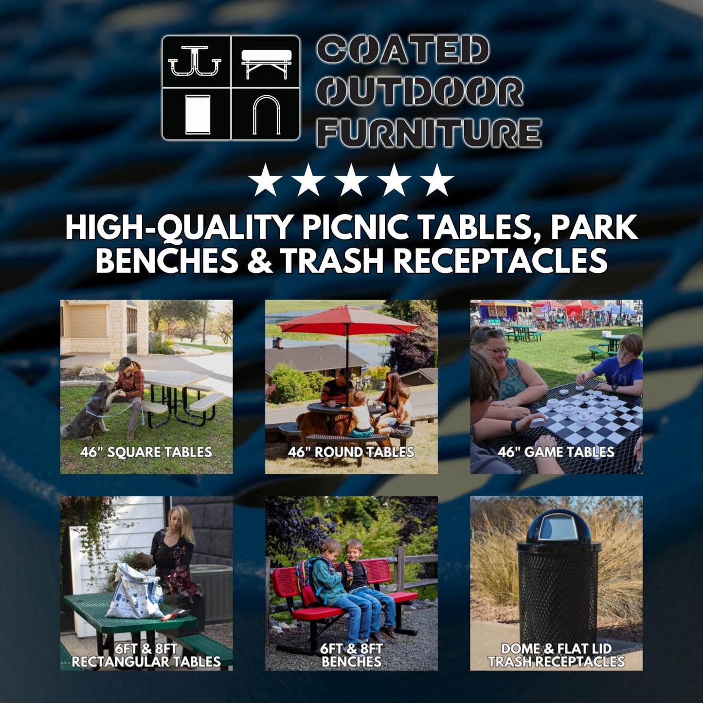 Coated Outdoor Furniture Heavy-Duty Portable Outdoor Picnic Table with Umbrella Hole, Expanded Metal Commercial-Grade Patio Dining Furniture Made in America (46" Round Top, Textured Black)