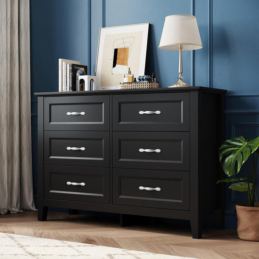 LINSY HOME Farmhouse 6 Drawers Dresser Chests for Bedroom, Wood Dresser Wide Chest of Drawers, Storage Dressers Organizer for Bedroom, Living Room,Hallway, SGS Certified