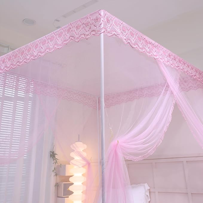 Bed Canopy, Princess Bed Curtain Net for Girls & Adults，Three-Doors Rectangle Lace Dome Netting (Baby Pink, King)